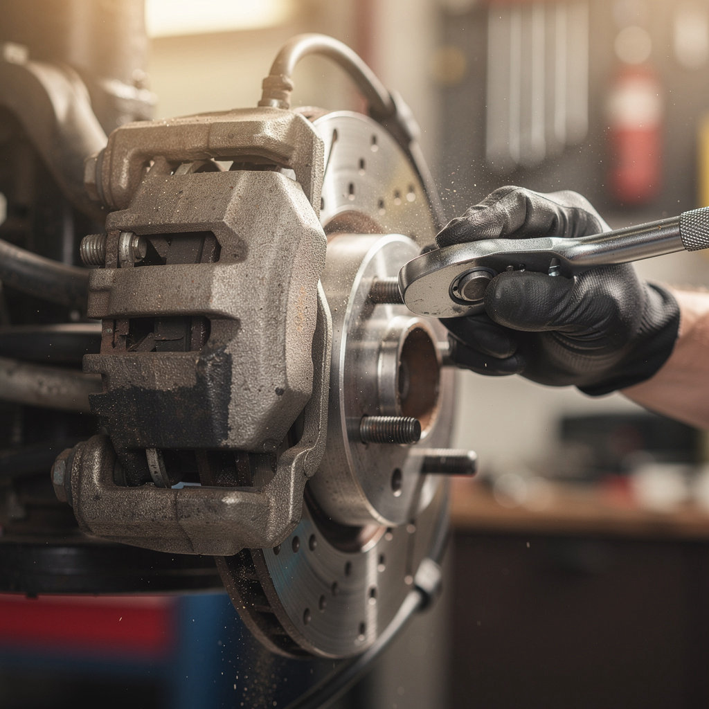 Miguel's Auto Service technician performing a professional brake inspection and repair in San Diego
