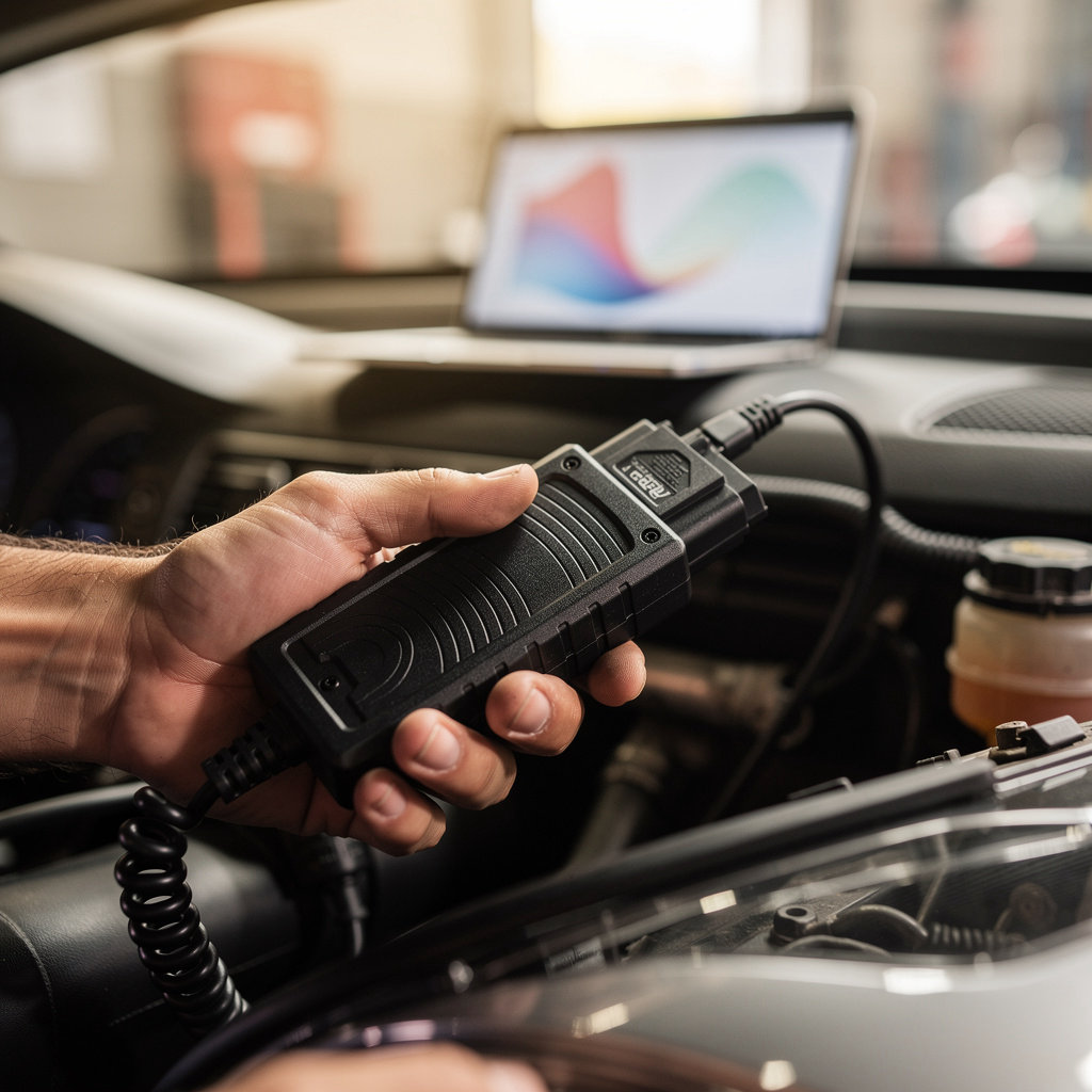 Miguel's Auto Service technician performing advanced computer diagnostics on a modern vehicle in San Diego